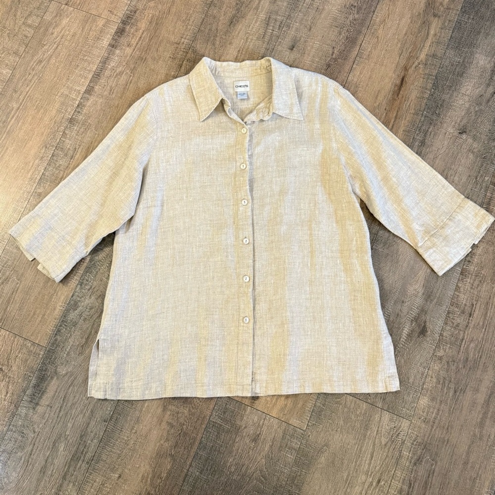 Chico's 100% Linen Beige Button Down Shirt Women's Size 3